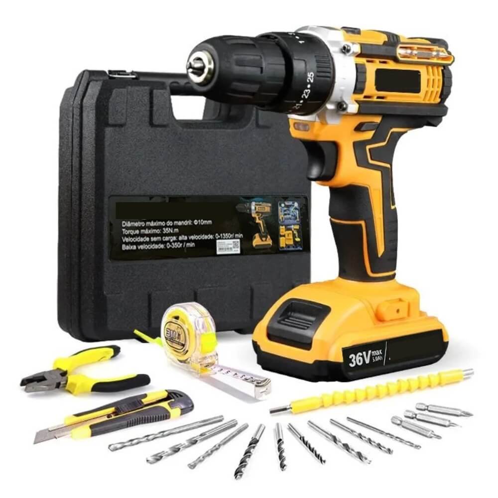 Furadeira de Impacto Sem Fio 36V: Kit Completo com 35 Acessórios Essenciais